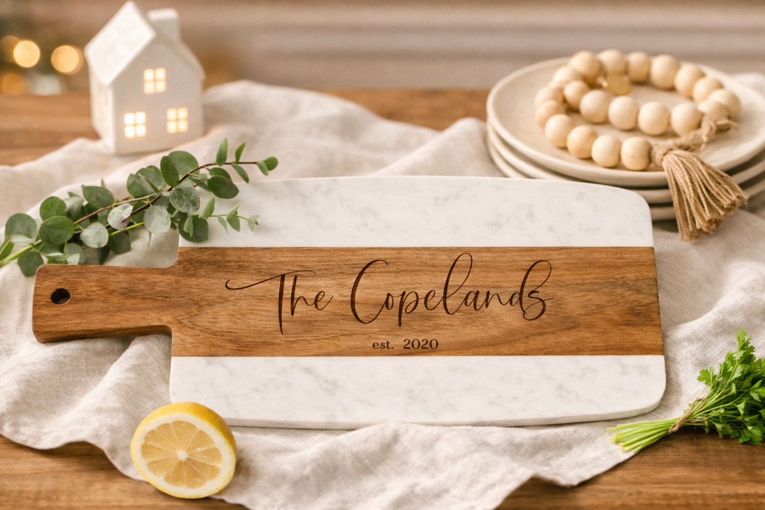 Personalized Marble & Acacia Serving Board