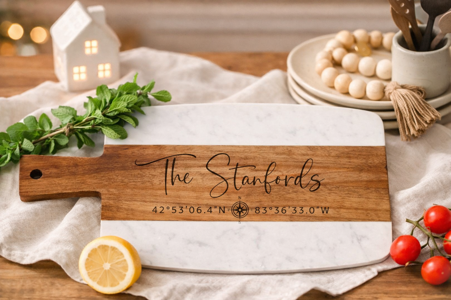 Personalized Marble & Acacia Serving Board