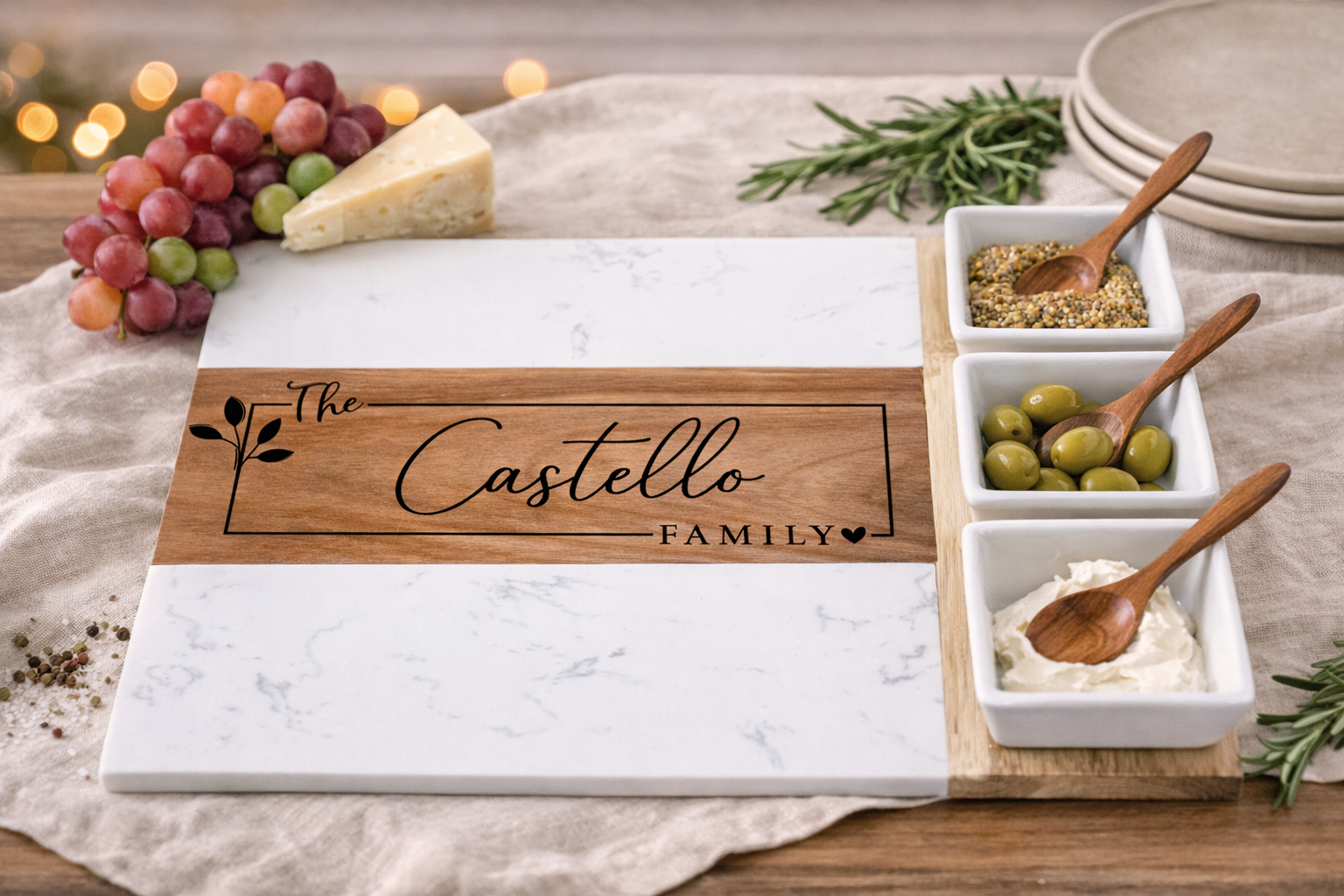 Family Name Marble & Acacia Charcuterie Board Gift Set (11-Piece)