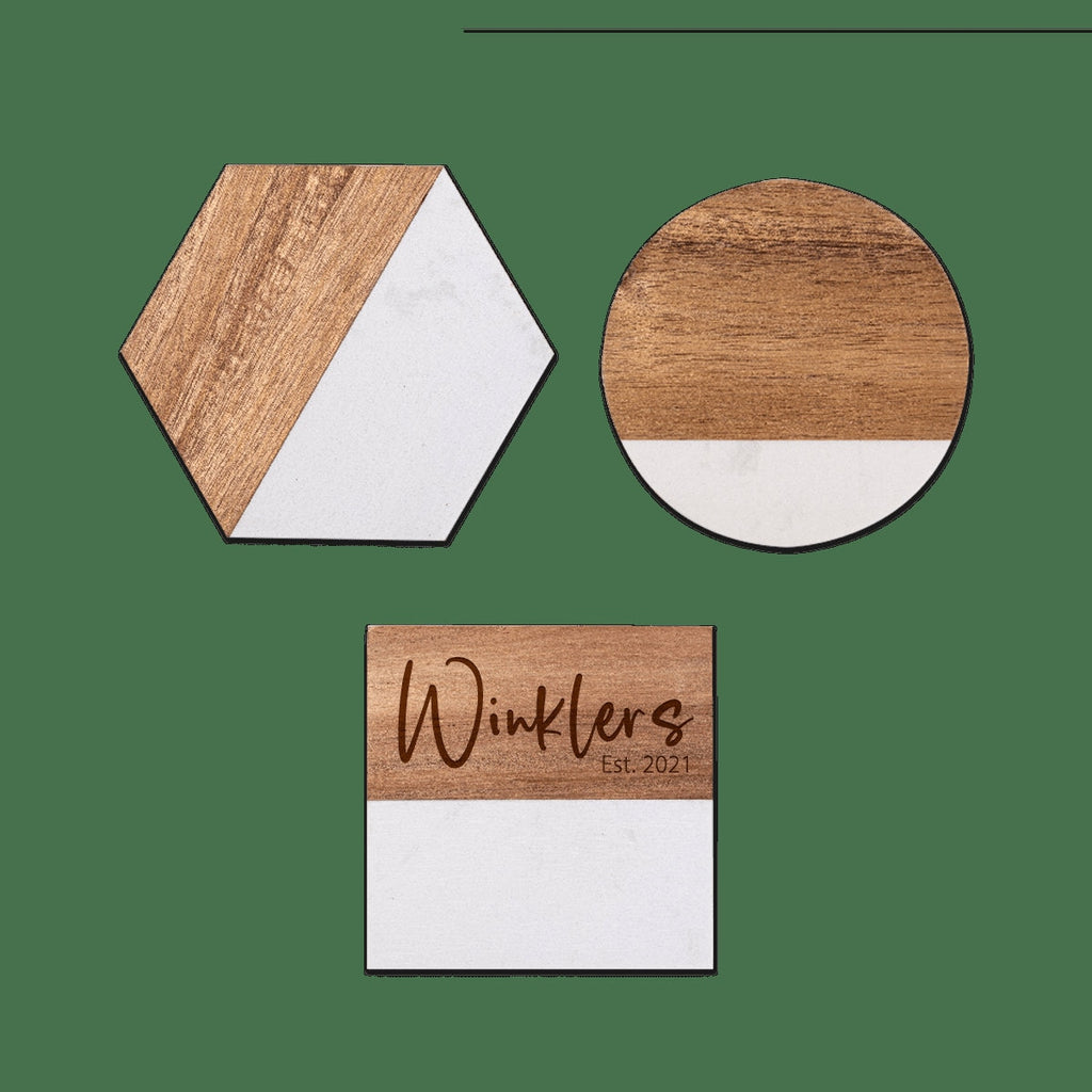 Personalized Coaster Set of 4, Marble and Acacia Wood, Wedding Gift, Housewarming, Home Decor, Entertaining
